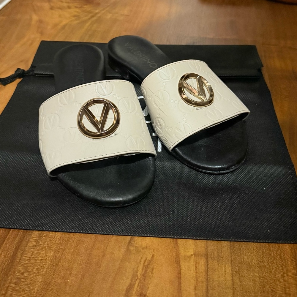Mario Valentino Cream and Black Slide Sandals with Gold Logo
